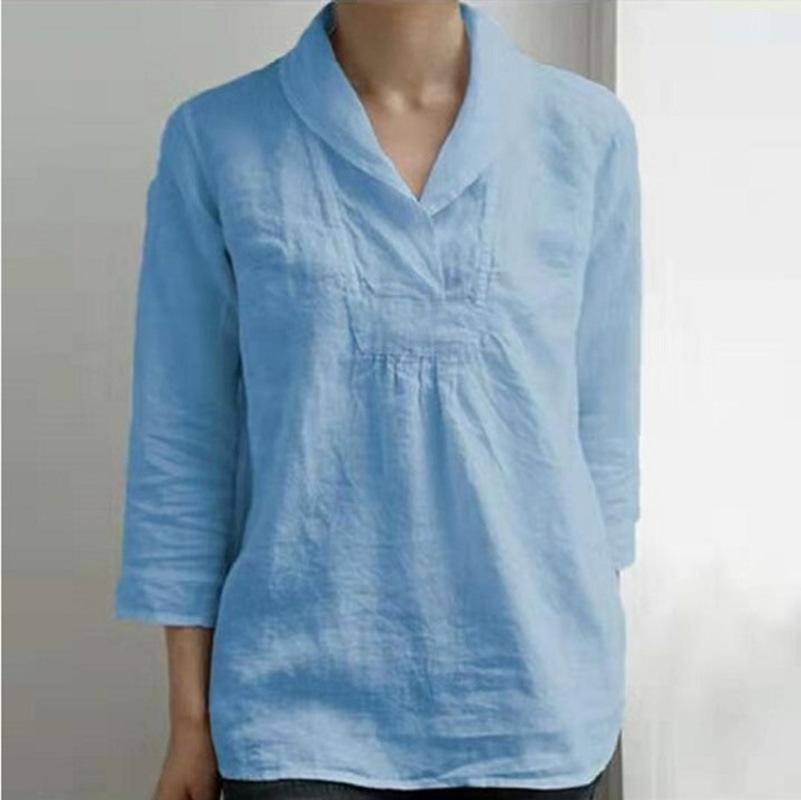 Nine quarter sleeve pullover loose cotton linen casual solid color top