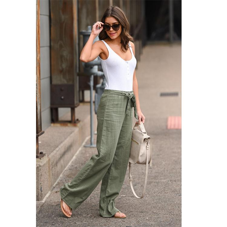 Solid color lace-up casual loose straight-leg trousers