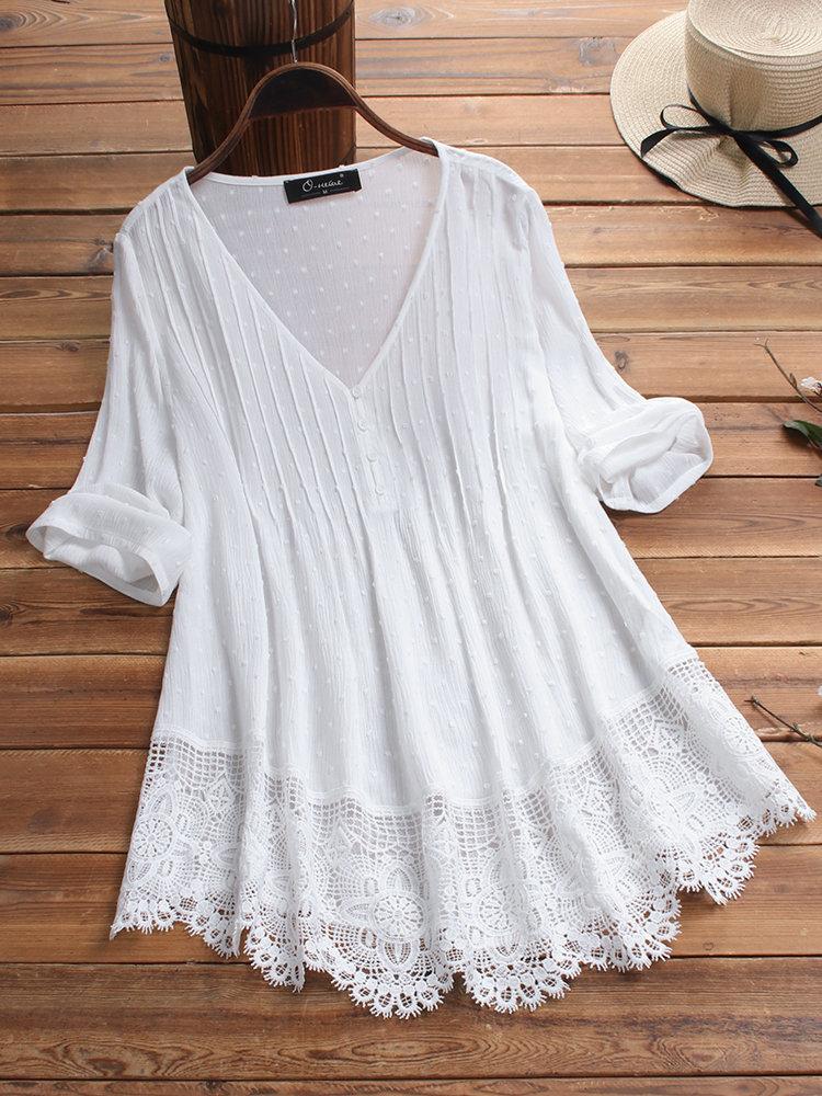Plus Solid V Neck Lace Trim Long Sleeve Blouse