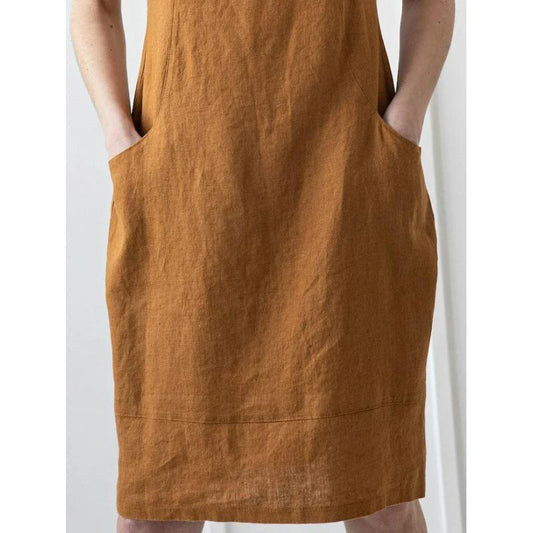 Retro large size solid color cotton and linen slim mid-length short-sleeved dress