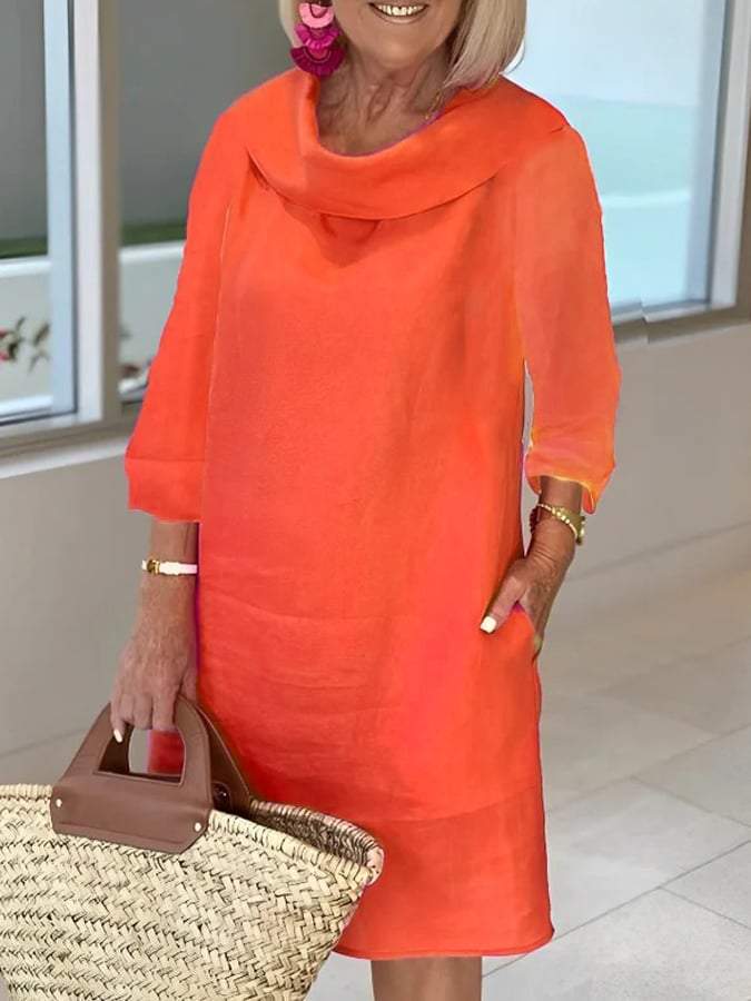 Cotton linen long-sleeved casual solid color dress