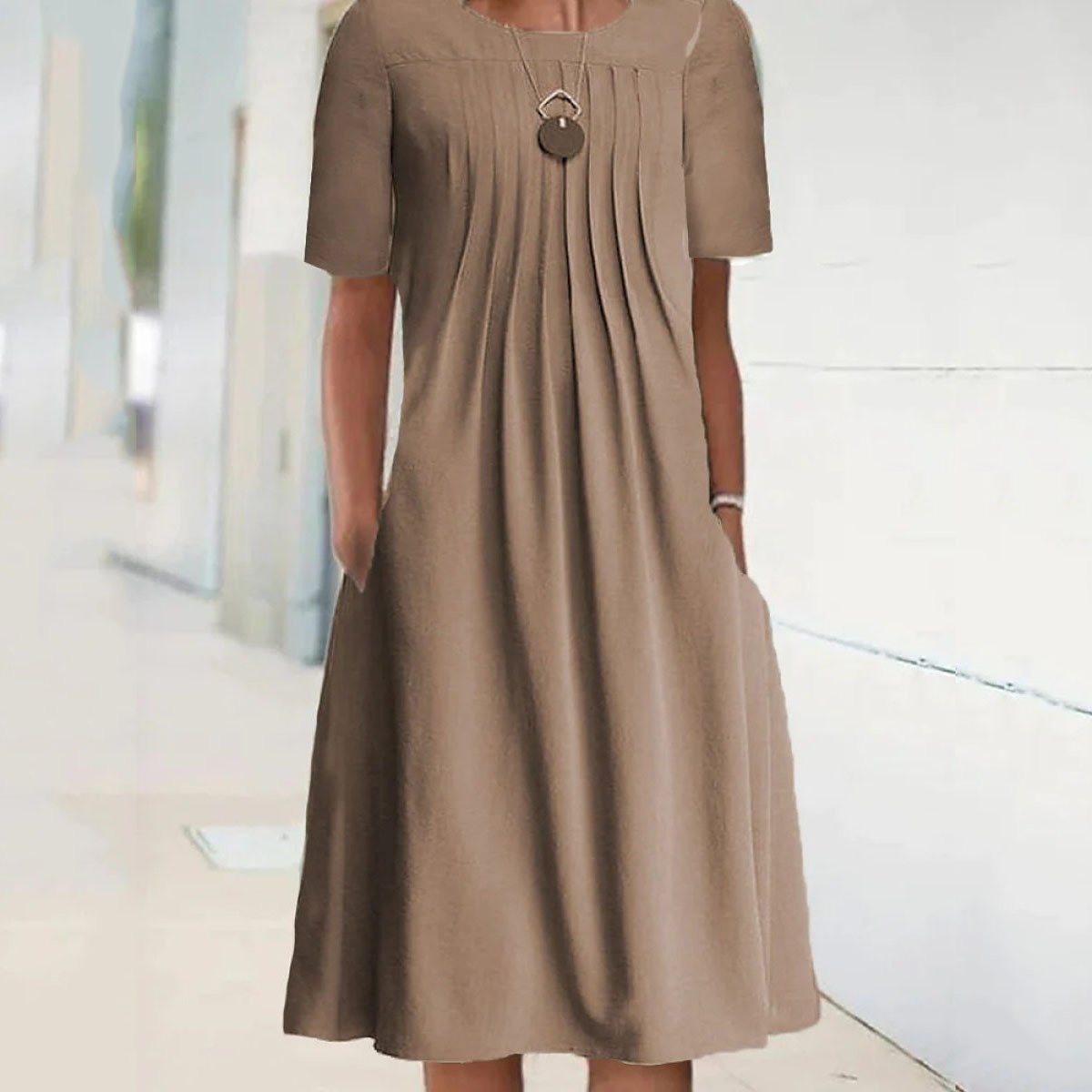 Solid Color Round Neck Pullover Short Sleeve Midi Dress