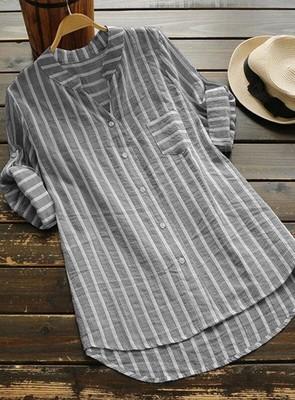 Casual V-neck Mid-Length Women's Shirt Striped Three-quarter Sleeve Shirt