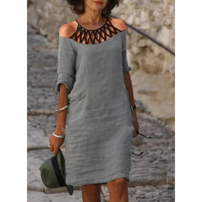 Off-shoulder A-line dress with lace V-neck dress