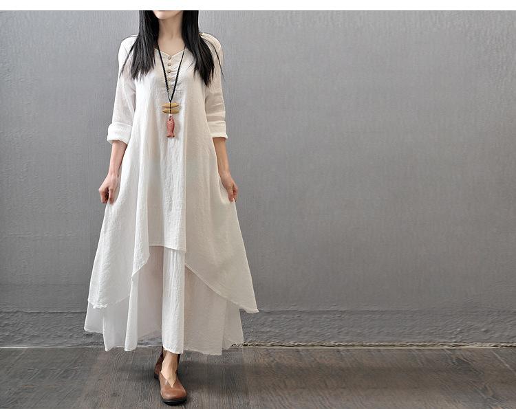 Casual loose fake two-piece long-sleeved cotton and linen dress