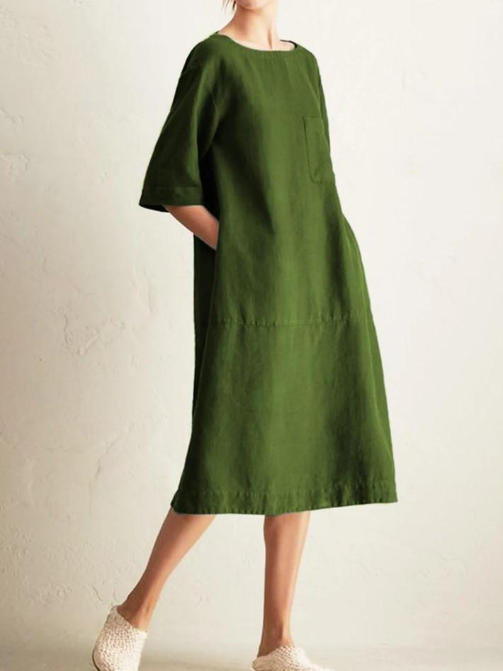 Casual Crew Neck Mid-Rise Pocket Dress