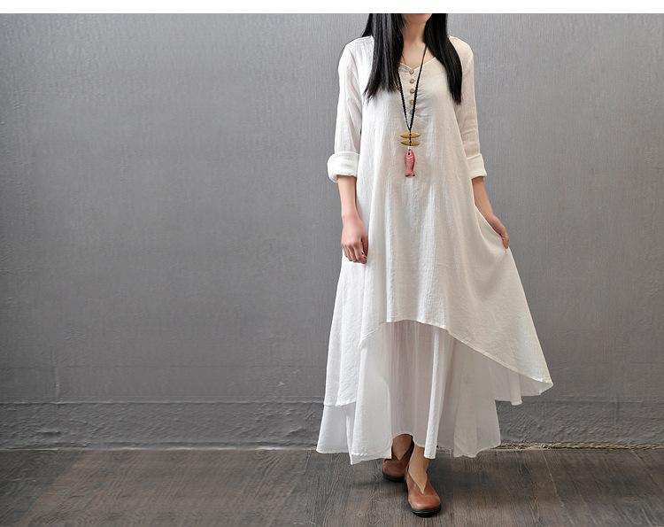 Casual loose fake two-piece long-sleeved cotton and linen dress