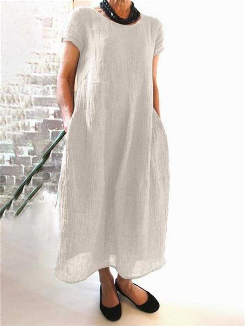 Solid Color Retro Loose Cotton Linen Dress