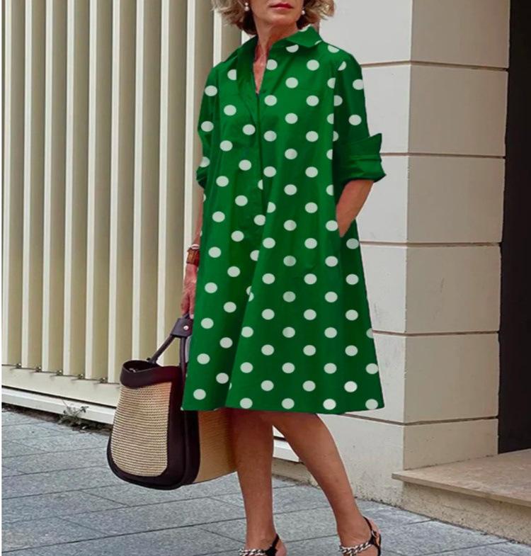 Polka-dot print shirt collar long-sleeved pocket midi dress