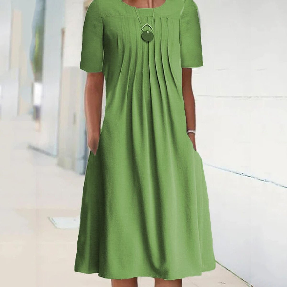 Solid Color Round Neck Pullover Short Sleeve Midi Dress
