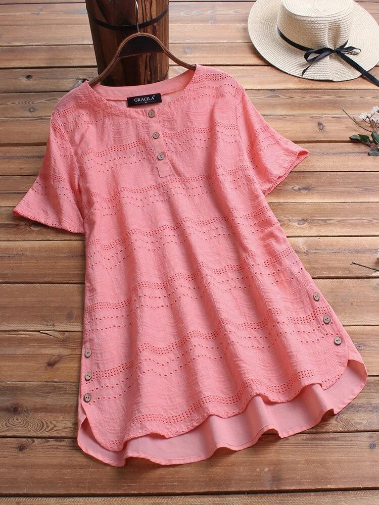 Embroidered Cool Fashion Short Sleeve Button Women's Top
