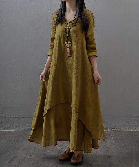Casual loose fake two-piece long-sleeved cotton and linen dress
