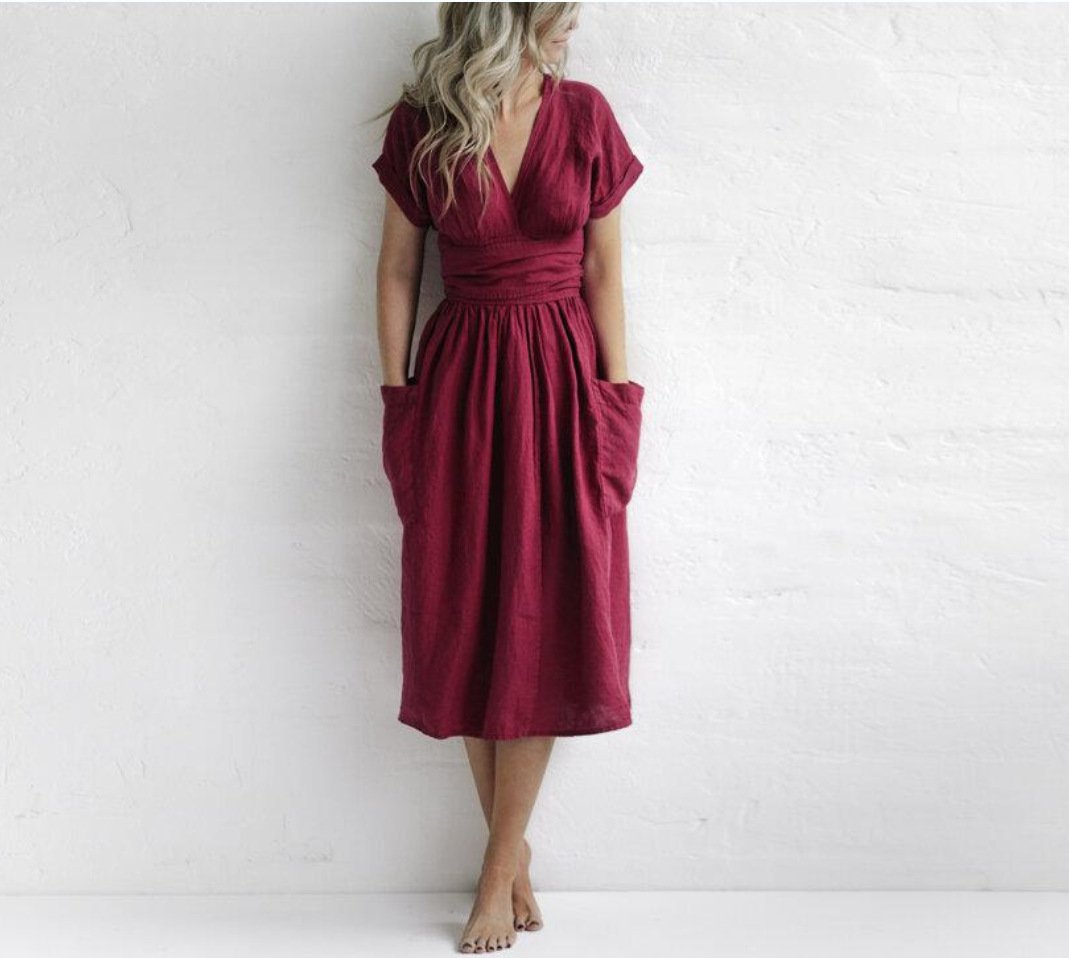 V Neck Short Sleeve Pocket Solid Color Cotton Linen Dress