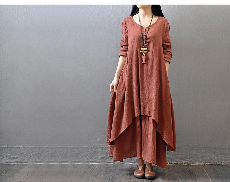 Casual loose fake two-piece long-sleeved cotton and linen dress