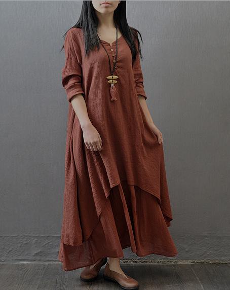 Casual loose fake two-piece long-sleeved cotton and linen dress
