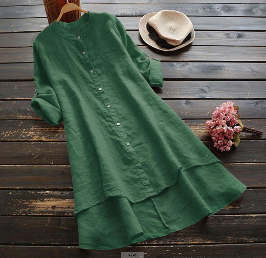 Women's Solid Color Button Cotton Linen Long Sleeve Long Shirt