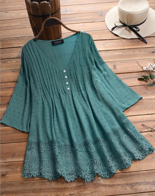 Plus Solid V Neck Lace Trim Long Sleeve Blouse