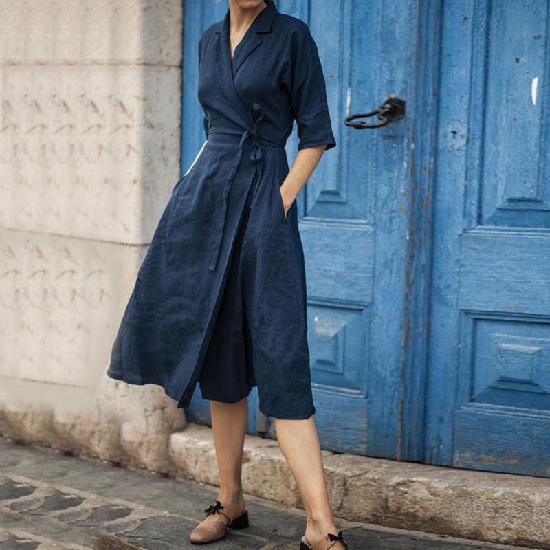 WOMEN'S COTTON LINEN BELTED LAPEL DRESS