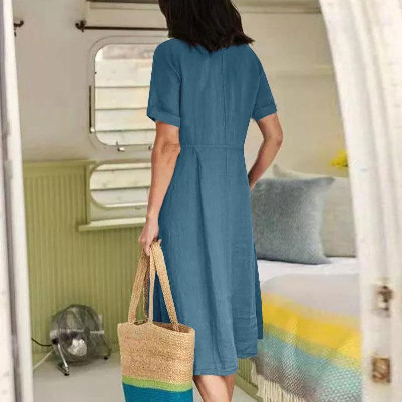 Solid color loose high waist cotton linen dress