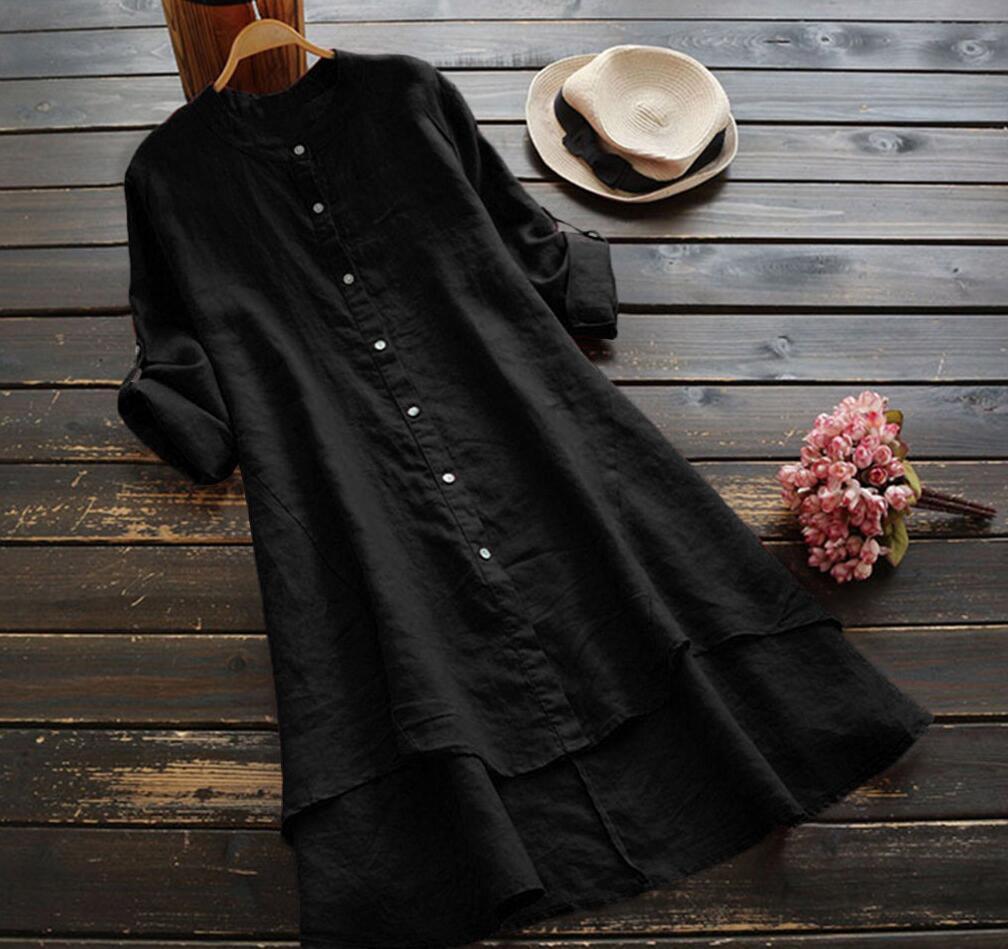 Women's Solid Color Button Cotton Linen Long Sleeve Long Shirt