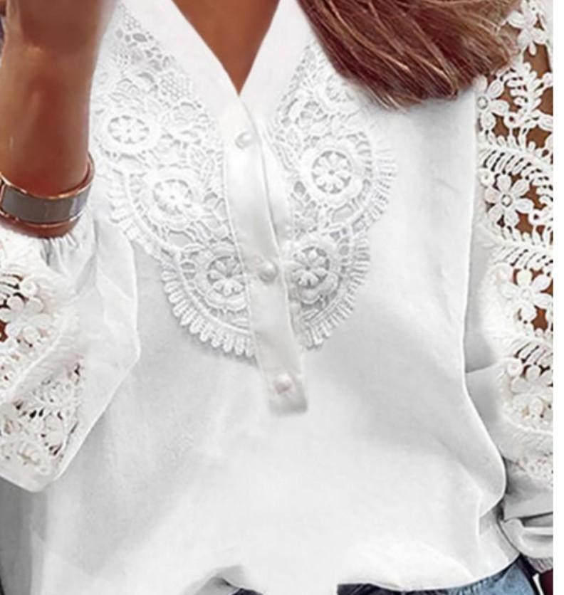 V-neck lace top print stitching long-sleeved shirt