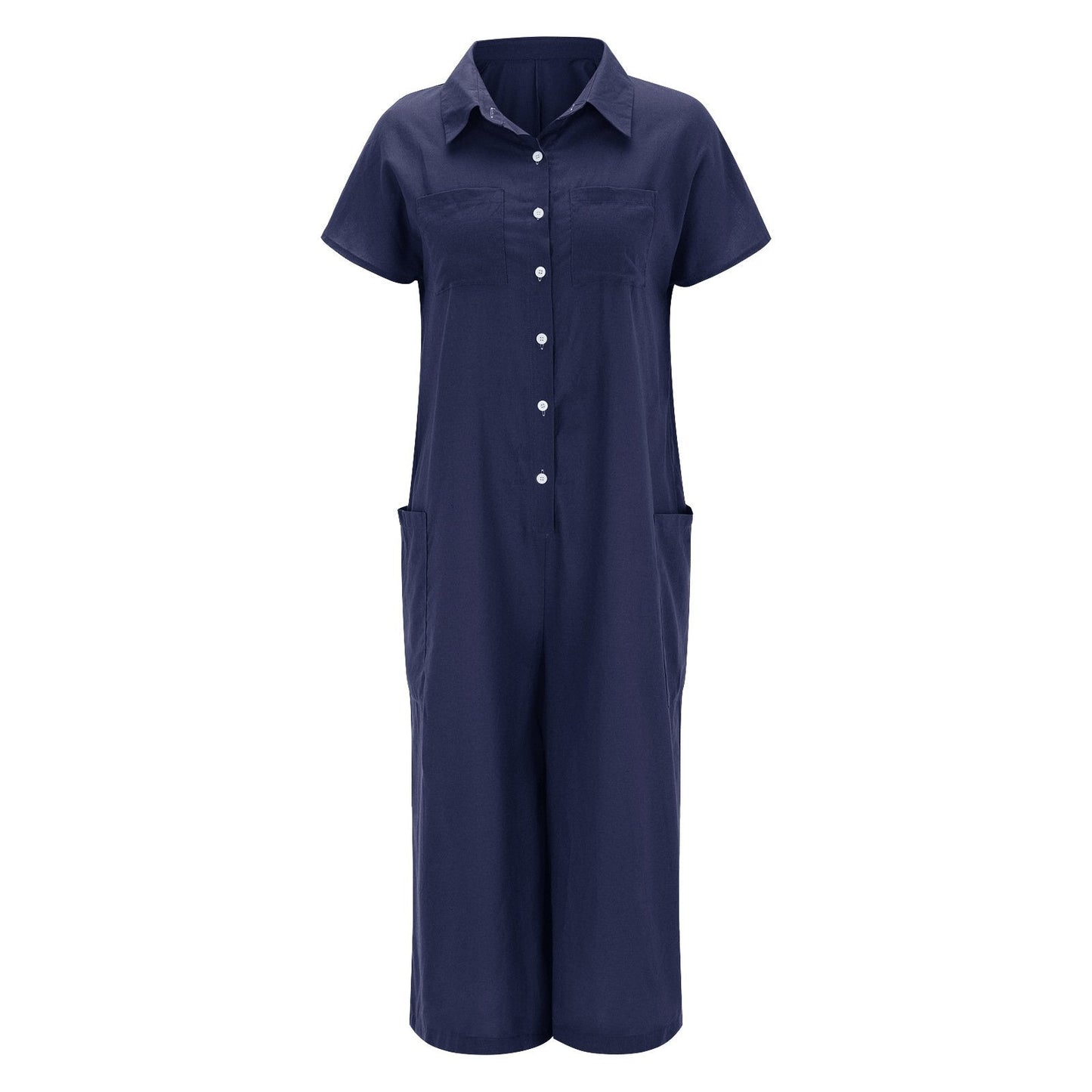 Women's solid color casual short-sleeved mid-length cotton linen shirt jumpsuit