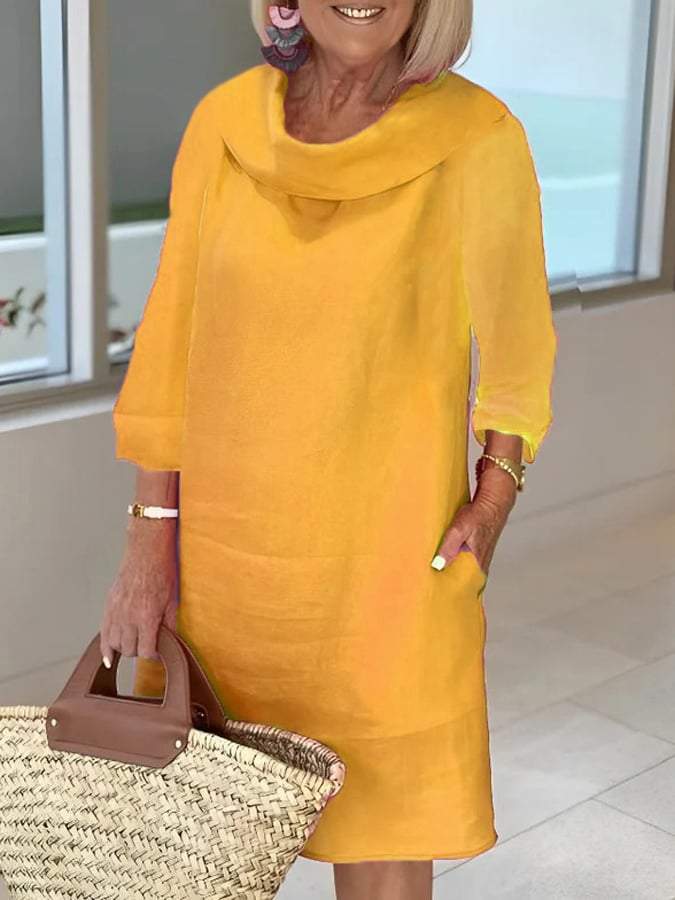 Cotton linen long-sleeved casual solid color dress