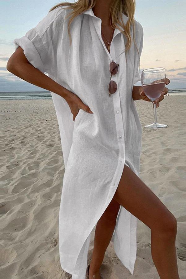 Solid color casual long-sleeved mid-length cotton linen shirt dress