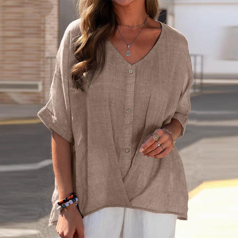 Cotton linen button V-neck pullover shirt casual top