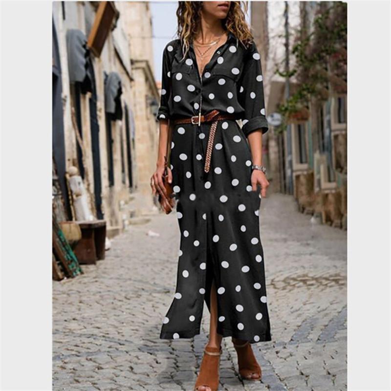 Polka-dot single-breasted maxi shirt dress