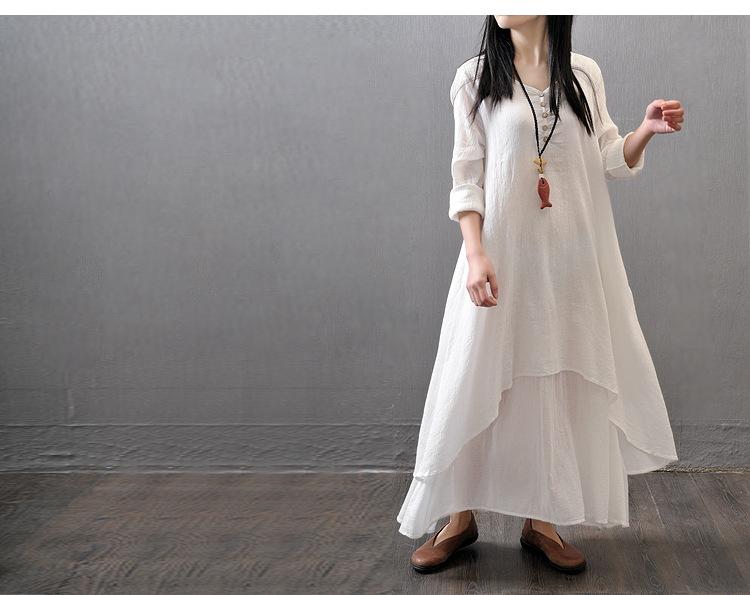 Casual loose fake two-piece long-sleeved cotton and linen dress