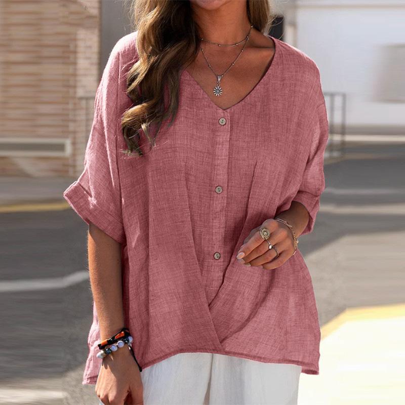 Cotton linen button V-neck pullover shirt casual top
