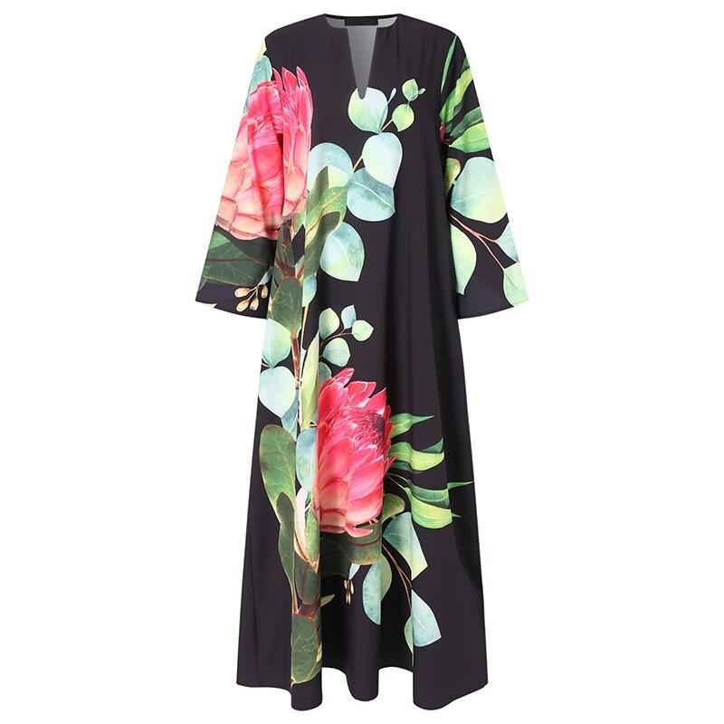 V Neck Casual Print Pocket Long Dress