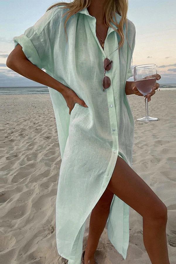 Solid color casual long-sleeved mid-length cotton linen shirt dress