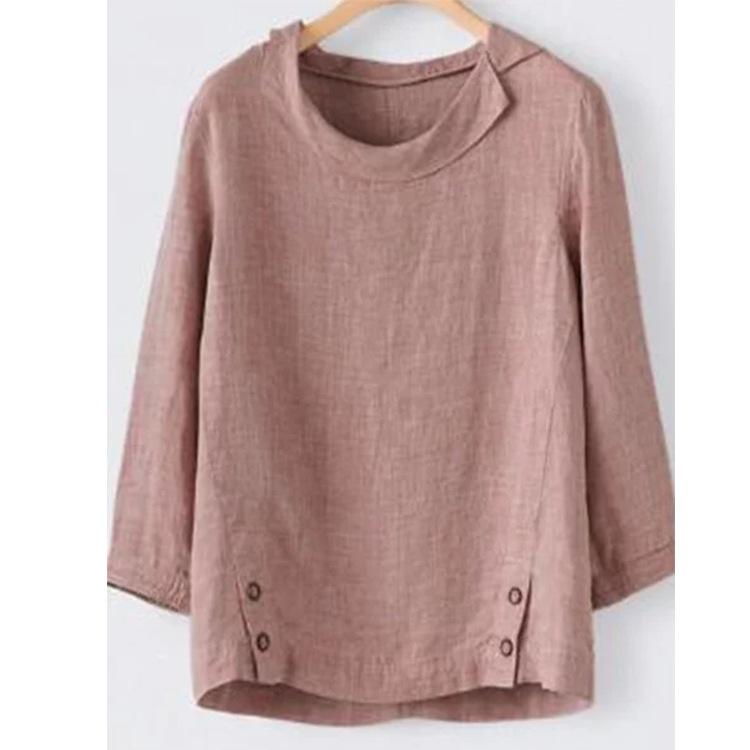 Women's Cotton Linen Long Sleeve Hem Button Solid Color Shirt