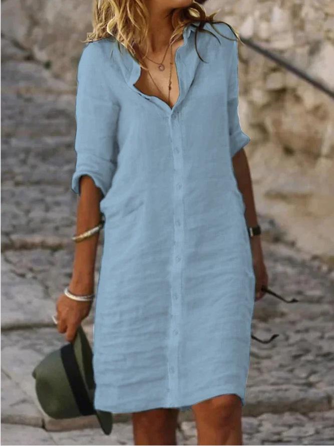 Loose Lapel Button Down Sleeve Solid Color Cotton Linen Shirt Dress