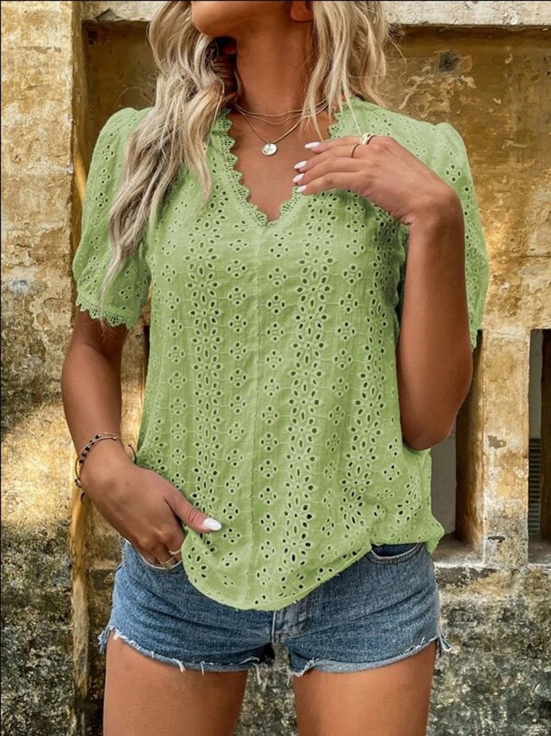 women's solid color short sleeve hollow shirt