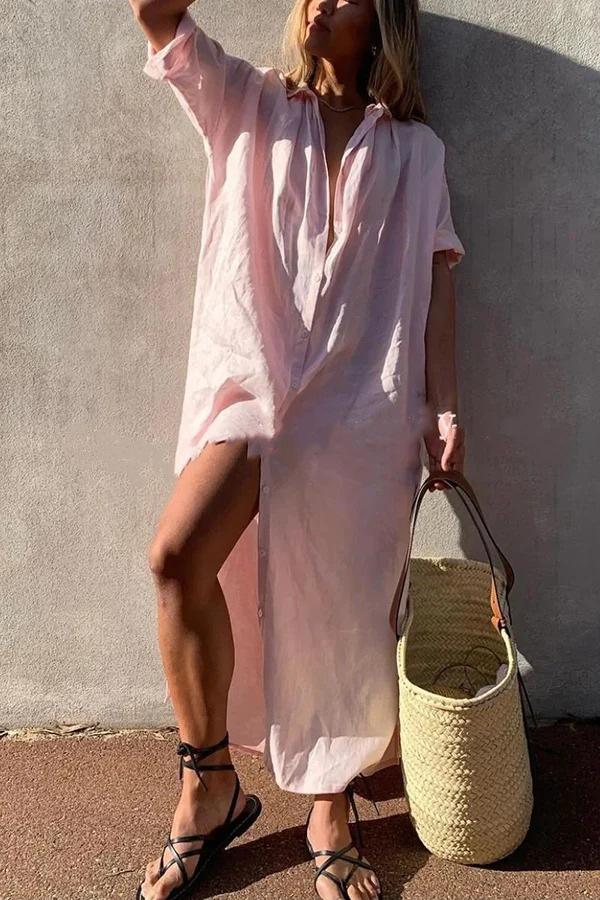 Solid color casual long-sleeved mid-length cotton linen shirt dress