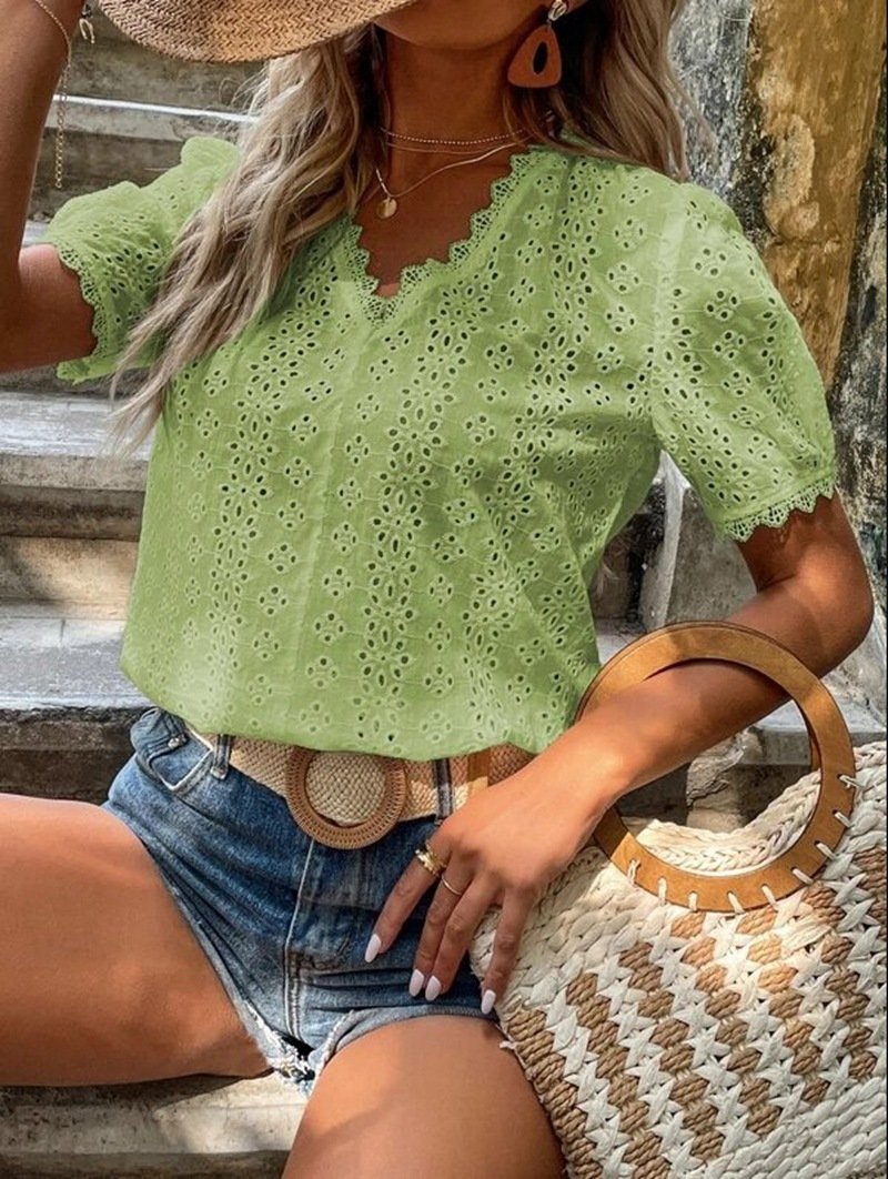 women's solid color short sleeve hollow shirt