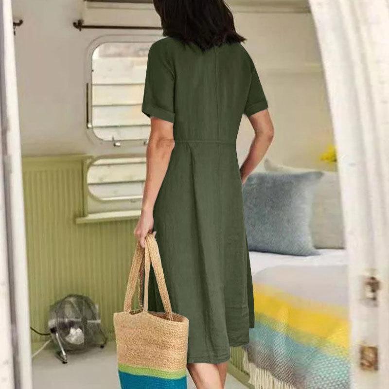 Solid color loose high waist cotton linen dress
