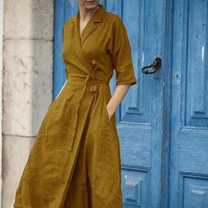 WOMEN'S COTTON LINEN BELTED LAPEL DRESS