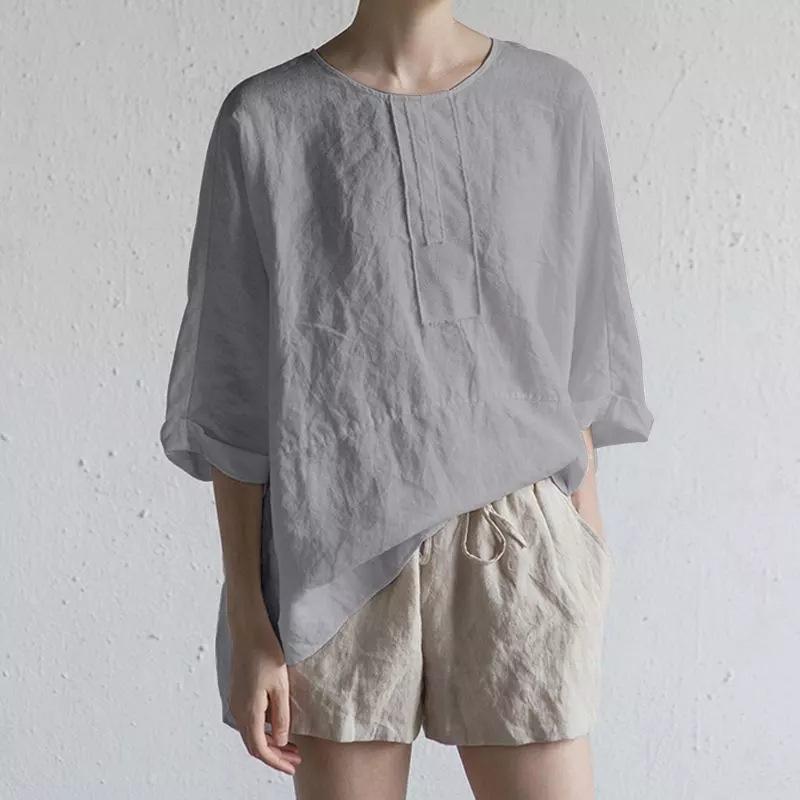 Round Neck Cotton Linen Half Sleeve Casual Pullover Top