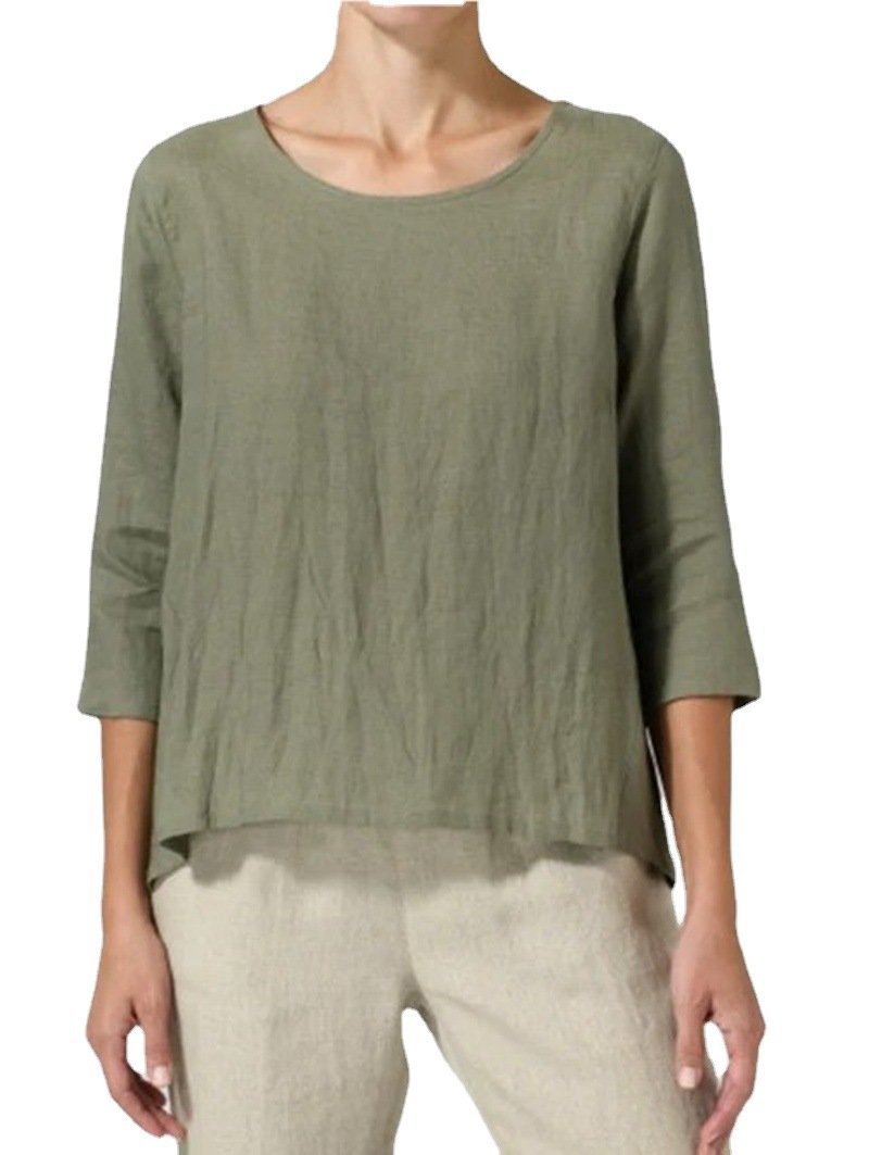 Cotton linen plus size women's three quarter sleeve casual top