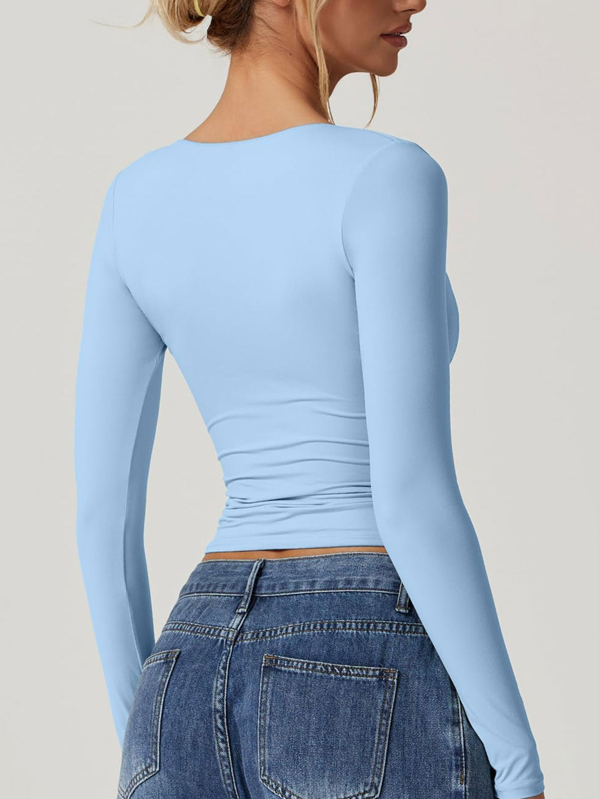 Long Sleeve V Neck T Shirts Double Lined Crop Top Seamed Cup Going Out Tops