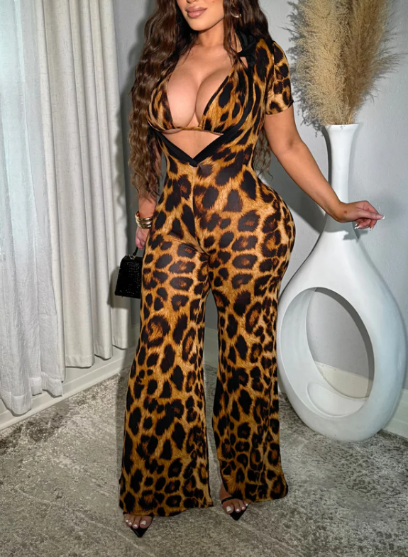 Leopard Animal Print Short Sleeve Jumpsuit