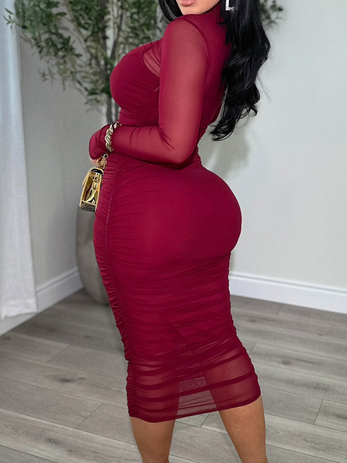 Women's Ruched Mesh Sheer Mock Neck Long Sleeve Midi Bodycon Dress