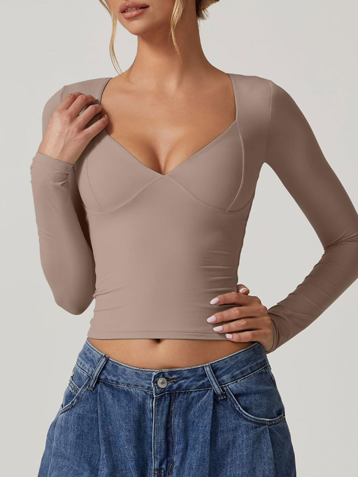 Long Sleeve V Neck T Shirts Double Lined Crop Top Seamed Cup Going Out Tops