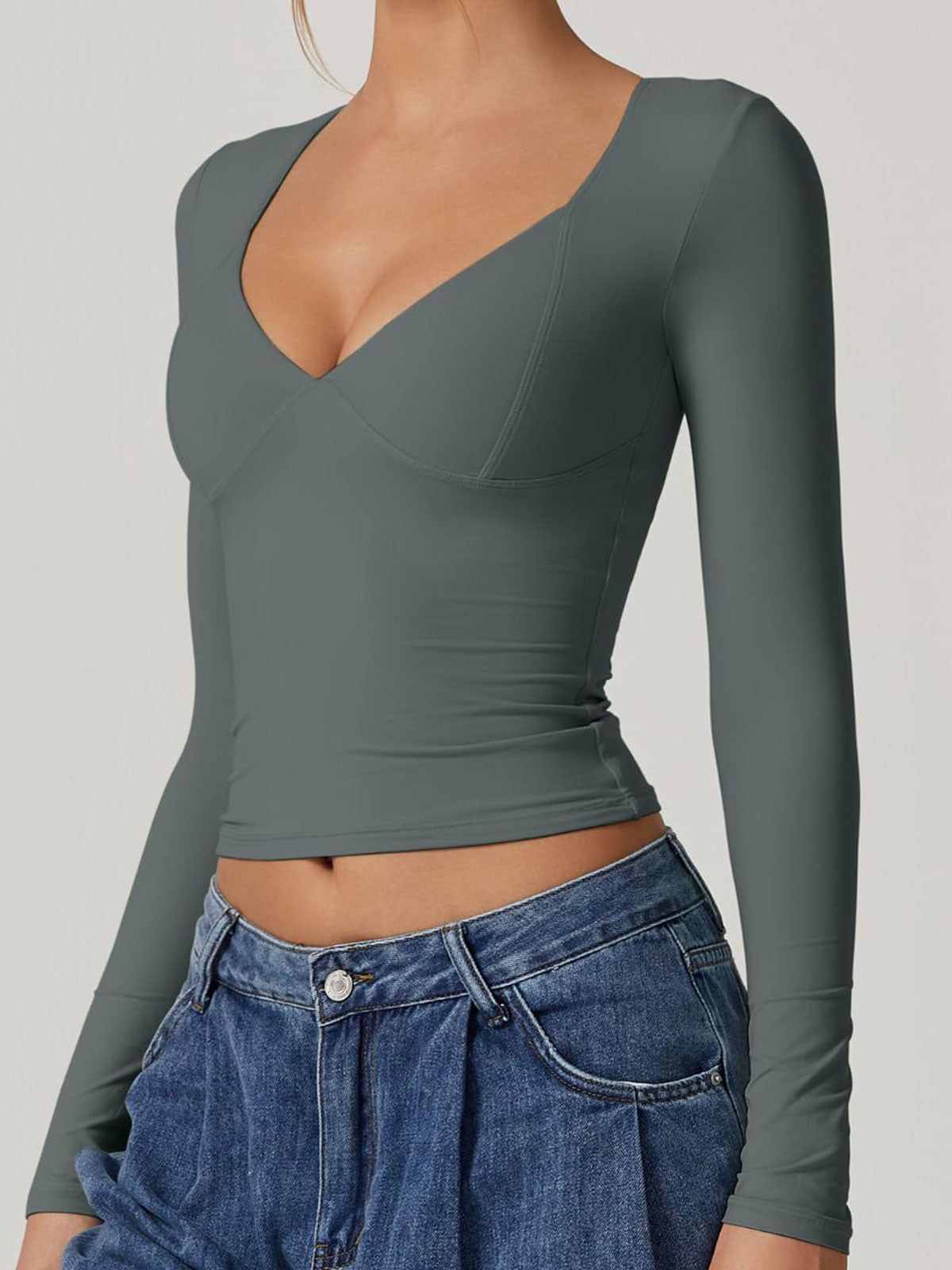 Long Sleeve V Neck T Shirts Double Lined Crop Top Seamed Cup Going Out Tops