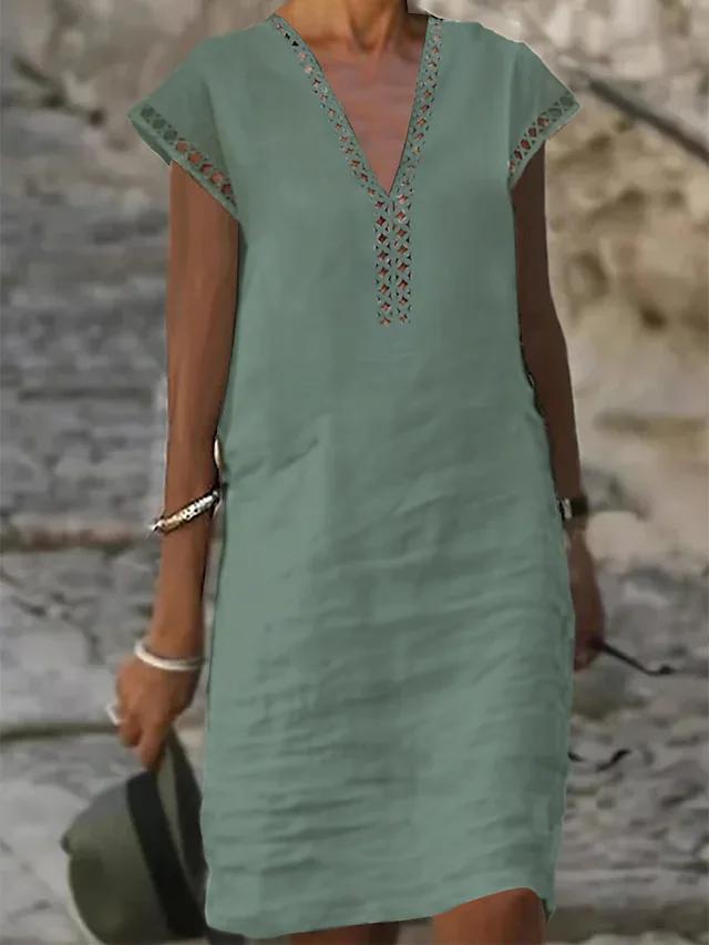 Solid Color Ladies Short Sleeve Linen Casual Dress