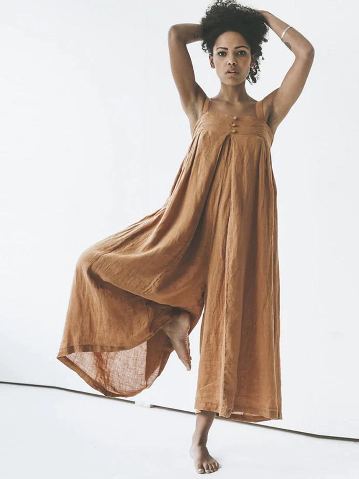 Women's cotton and linen solid color casual jumpsuit